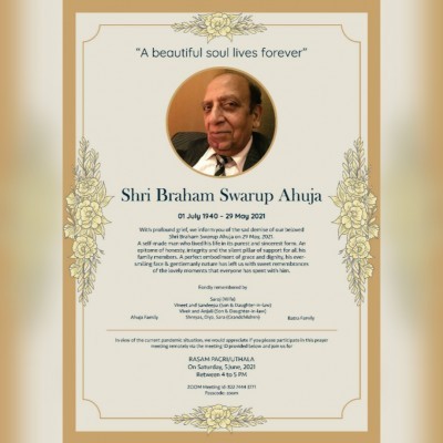 Ahuja , Braham Jul 1, 1940 - May 29, 2021 Haryana (Gurgaon), India PEC/BSC/Electrical/1963