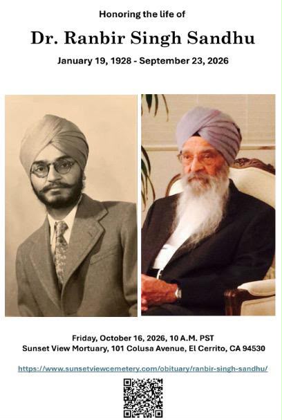 Obituary and condolence Er. Dr. Ranbir Singh Sandhu (1949 Civil)